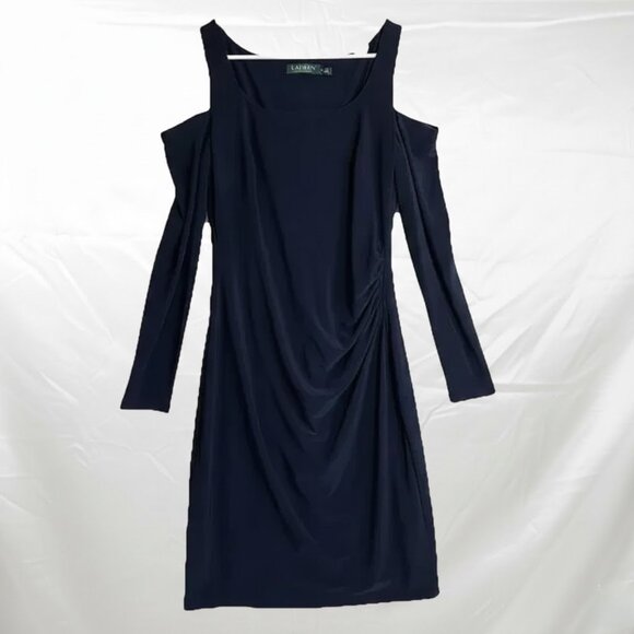 Women's Size 4 Dress Lauren By Ralph Lauren Navy Blue Cut-Out Shoulder Jersey G - Picture 3 of 8
